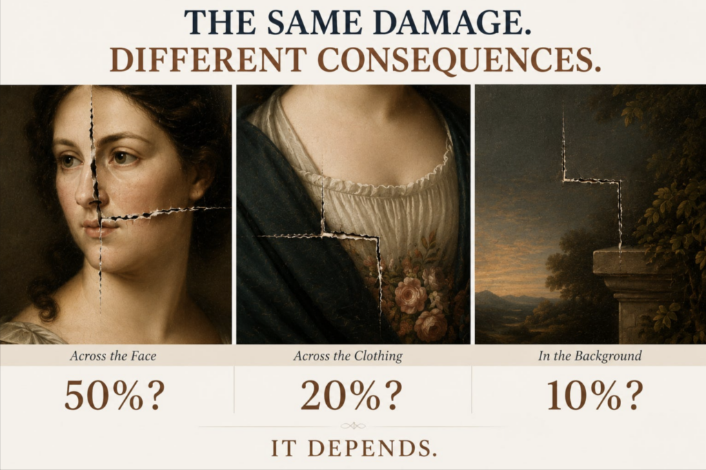 Detail of damaged artwork being evaluated for conservation and potential loss in value.