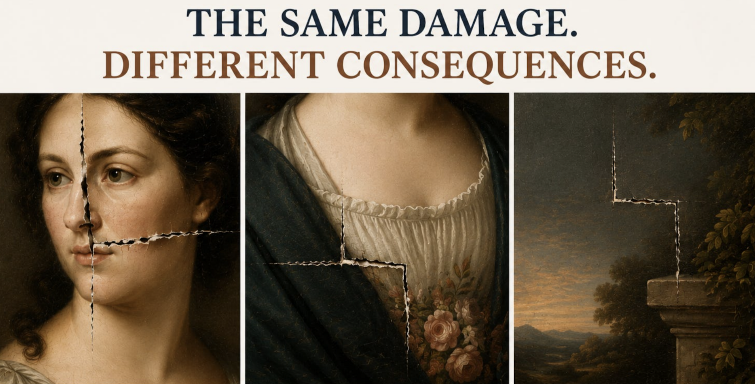 Detail of damaged artwork being evaluated for conservation and potential loss in value.